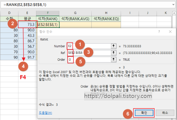 엑셀 rank 함수 인수 입력하기