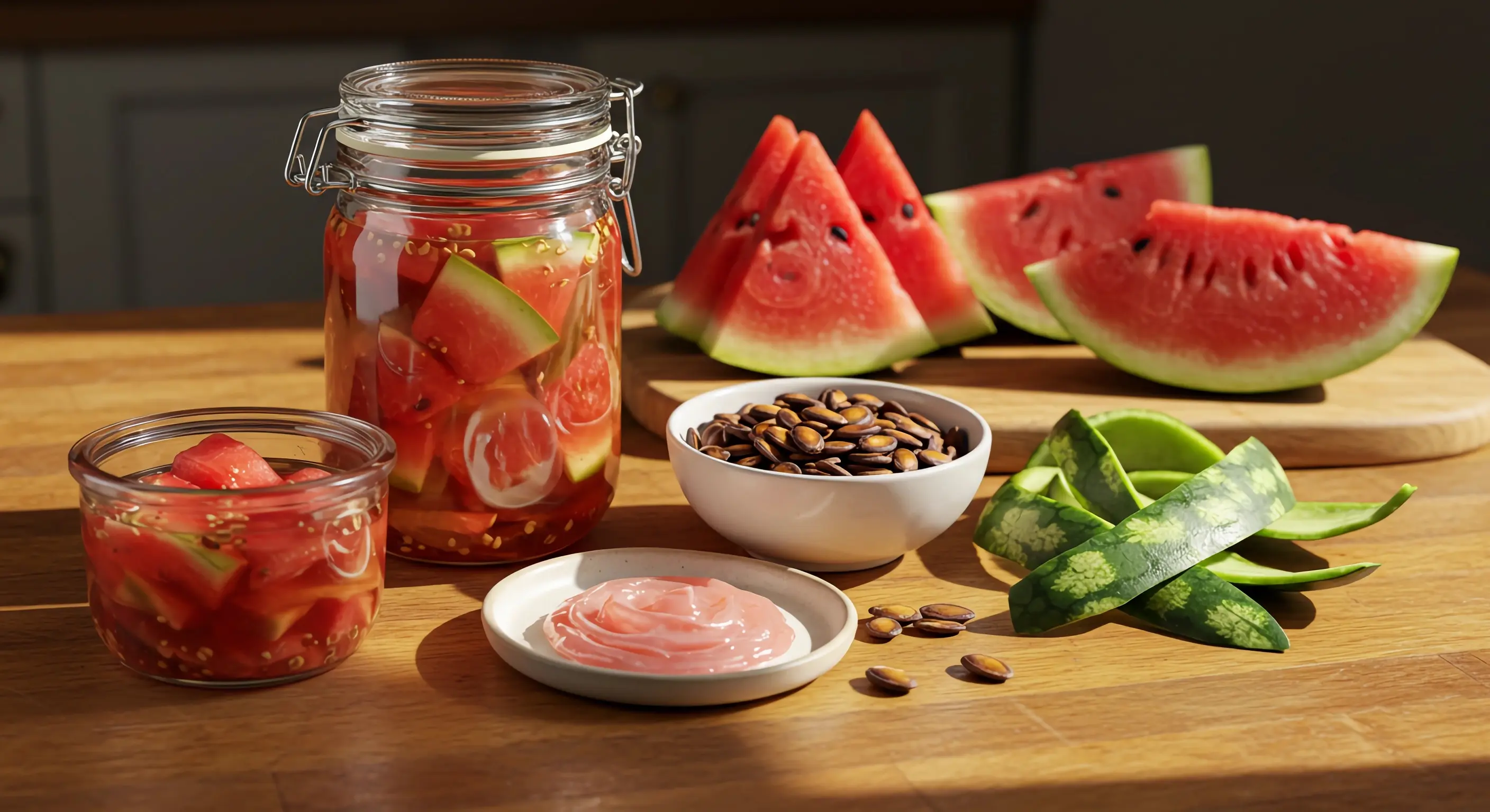 나무 도마 위에 먹음직스럽게 담긴 수박껍질무침과 고소하게 볶은 수박씨, 그리고 남은 수박 조각이 어우러져 있는 사진