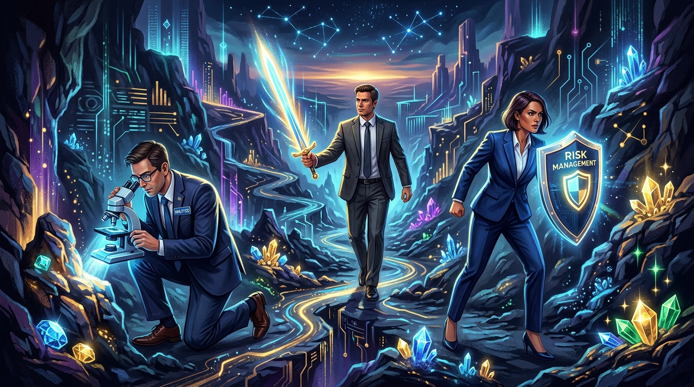 세 명의 펀드 매니저가 각기 다른 도구(현미경, 칼, 방패)를 들고 보석을 찾고 있는 일러스트