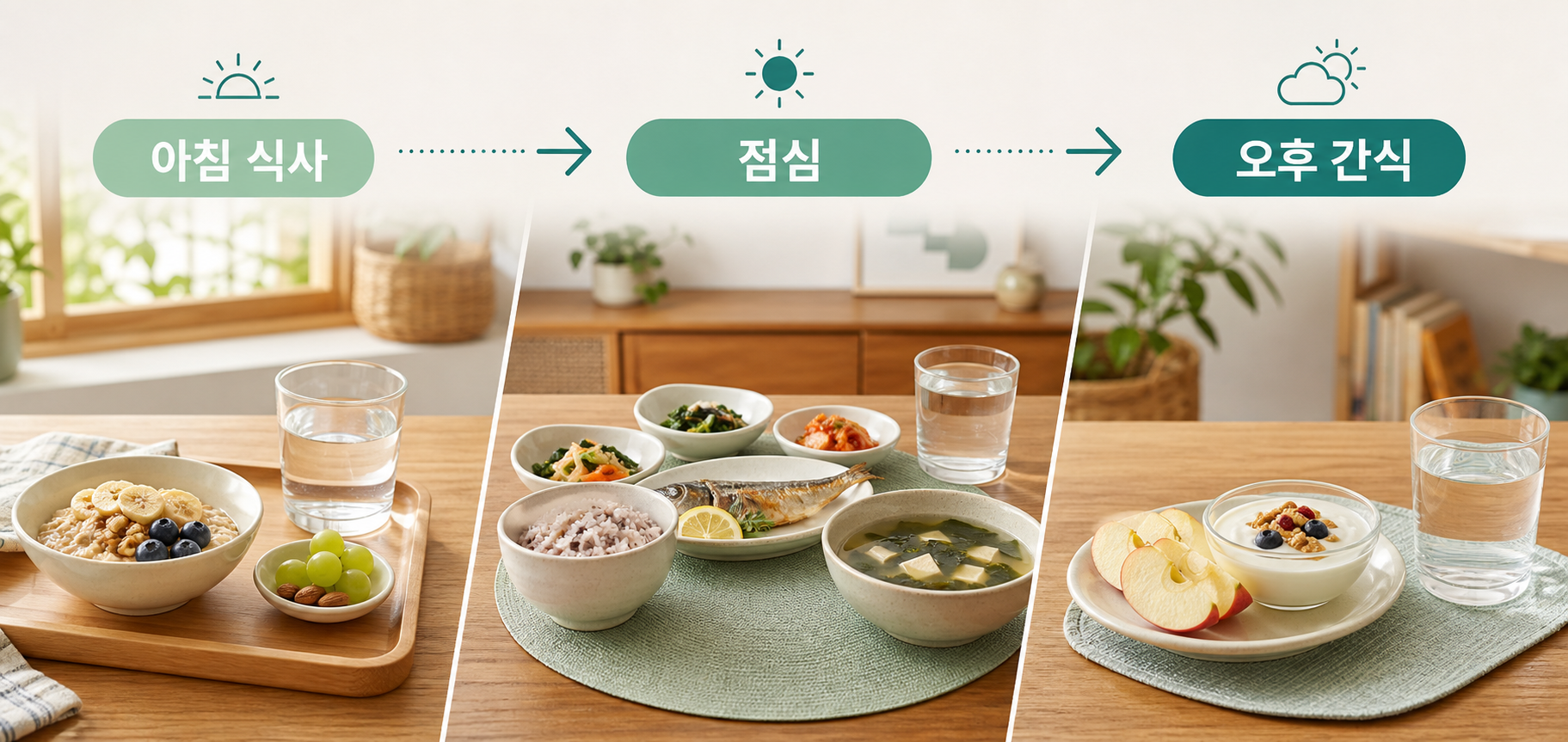 아침 식사와 점심, 오후 간식에 물을 곁들이는 변비 수분 섭취 루틴