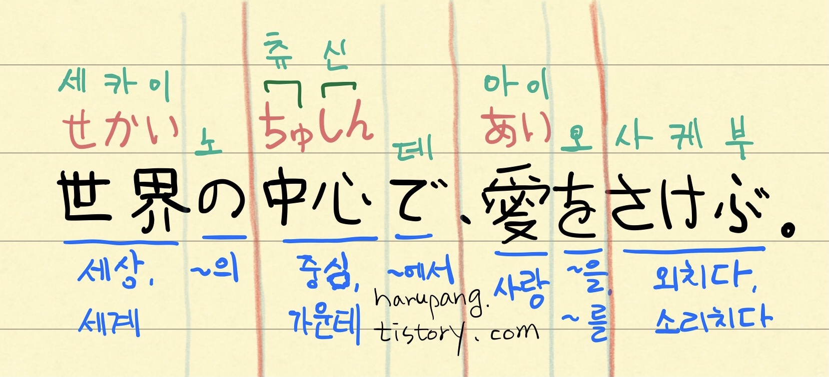 일본어 문장 '世界の中心で、愛をさけぶ'의 발음 , 단어별 해석 및 의미를 색깔로 구분하여 손글씨로 정리한 이미지. 각 단어의 발음과 뜻이 함께 표시되어 있습니다.