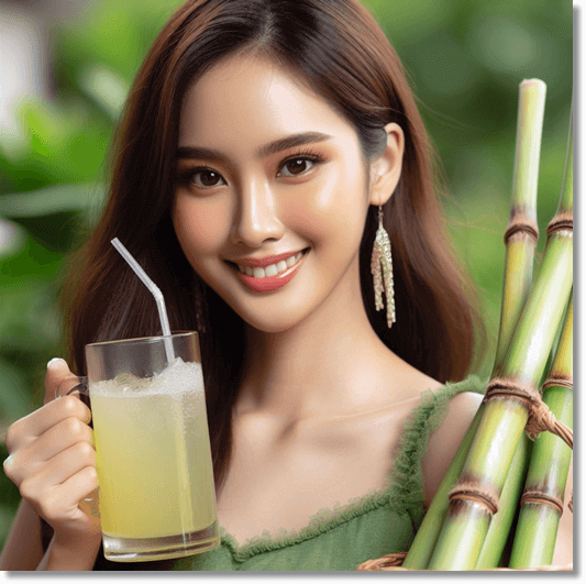 사탕수수와 사탕수수 주스를 들고 있는 여성