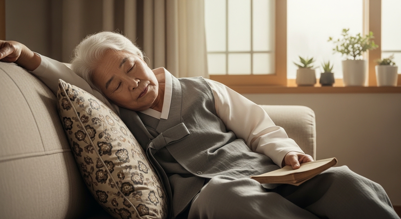 봄 햇살이 들어오는 거실에서 졸린 표정을 짓는 60대 모습