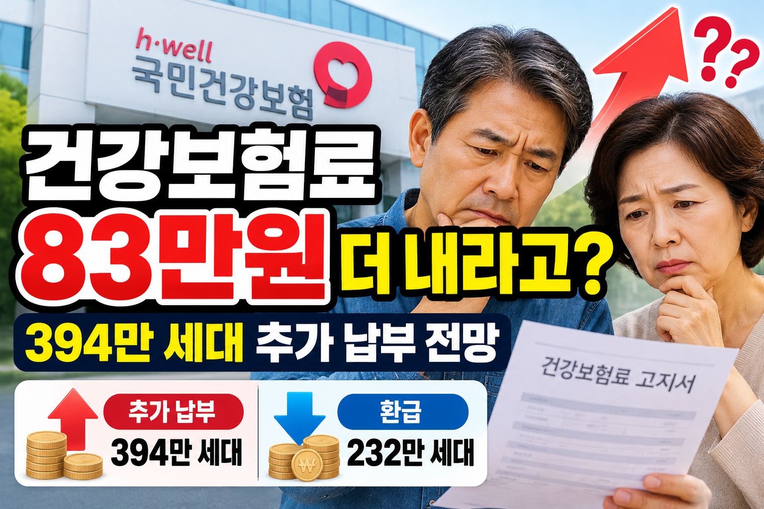지역가입자 건강보험료 83만 원 추가 납부 전망, 394만 세대 추가 납부와 232만 세대 환급 대상 비교