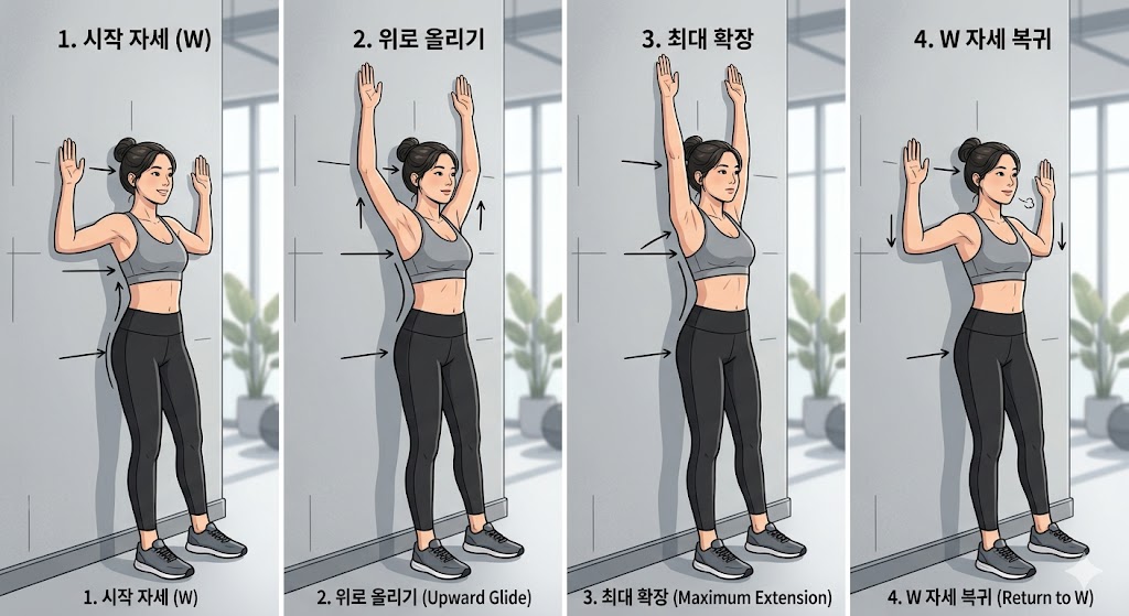 벽에 머리, 등, 엉덩이를 밀착하고 양팔을 W 모양으로 만들어 위아래로 움직이는 월 엔젤(Wall Angels) 운동의 연속 동작 일러스트