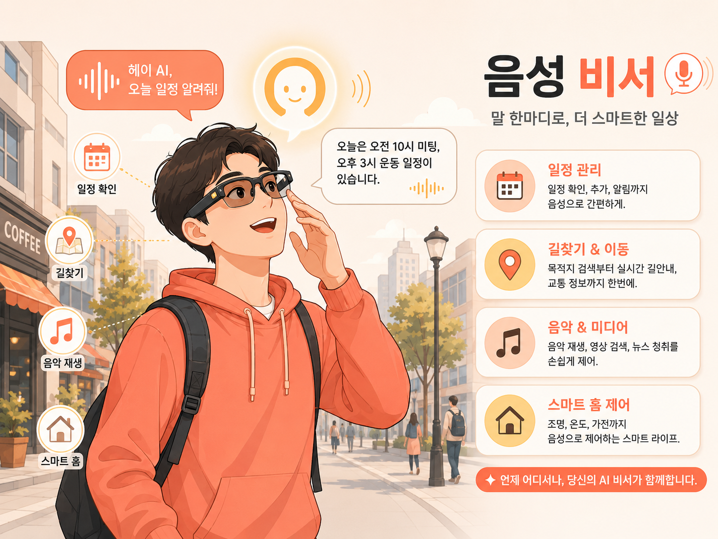 일상 속에서 스마트 안경을 착용하고 편안하게 AI 비서와 소통하는 사용자의 모습 일러스트