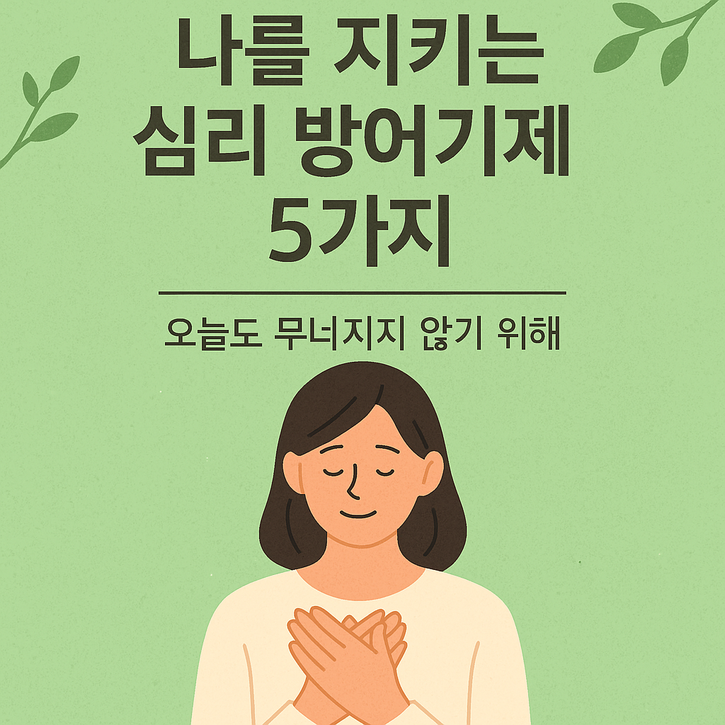 “연두색 배경 위에 두 손을 가슴에 얹은 여성이 눈을 감고 평온한 표정을 짓고 있으며, ‘나를 지키는 심리 방어기제 5가지 – 오늘도 무너지지 않기 위해’라는 한국어 문구가 적힌 감성 일러스트 썸네일 이미지”