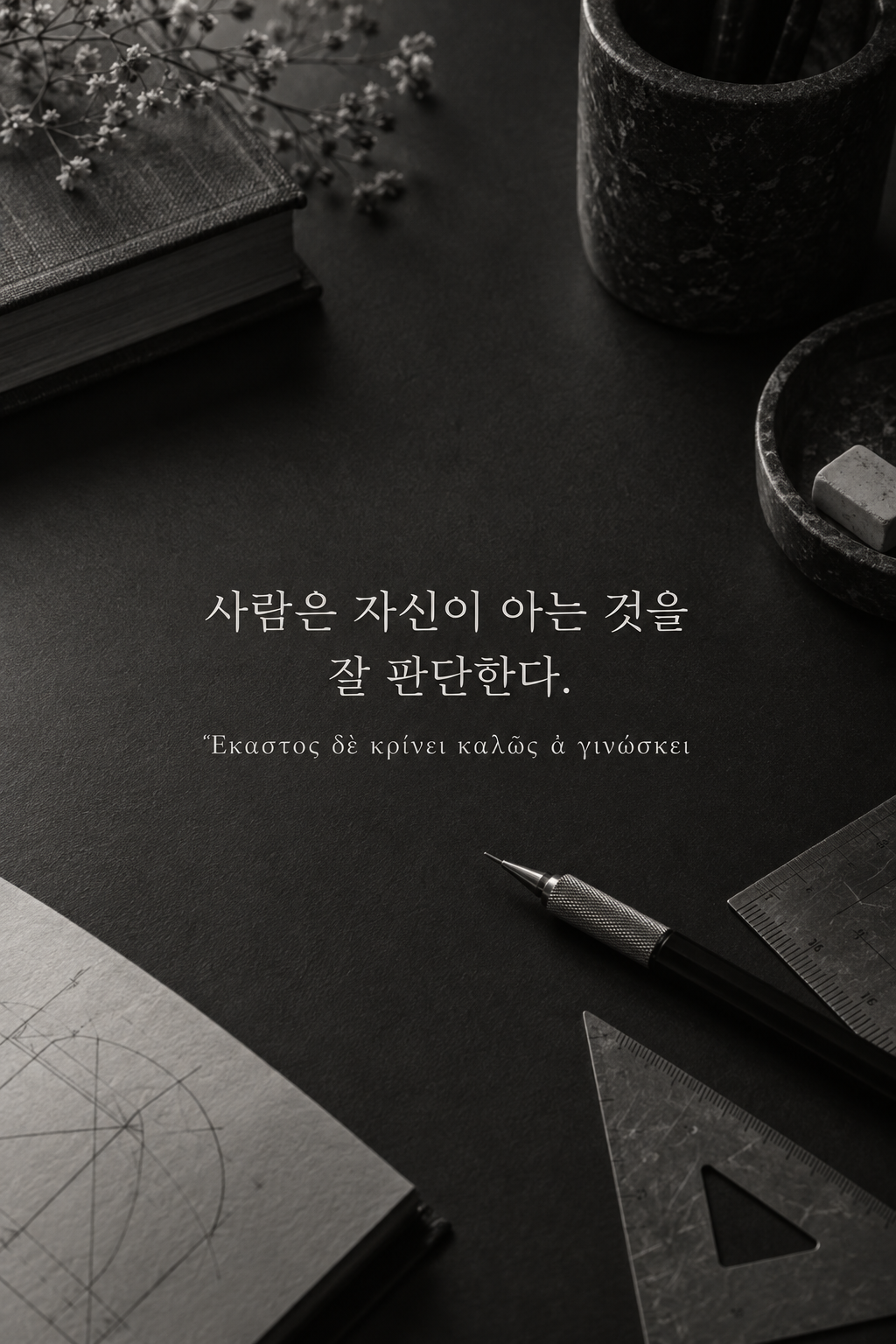 아리스토텔레스 명언 2 — 사람은 자신이 아는 것을 잘 판단한다. — 흑백사진