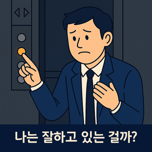 엘리베이터 버튼을 누르며 잠시 멈칫한 김대리가 고민스러운 표정으로 생각에 잠긴 모습. "나는 잘하고 있는 걸까?"라는 작은 문구가 함께 삽입된 플랫 스타일 일러스트.