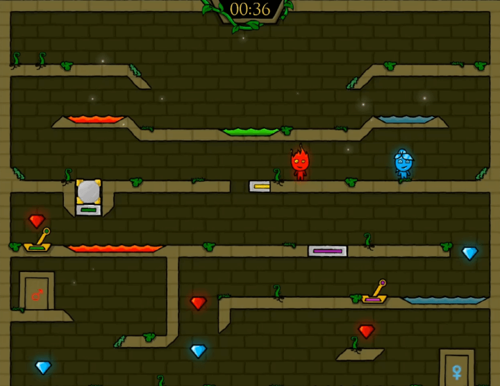 물불게임-2인용-링크-바로가기-5-엘레먼트-플레이-물소녀가-노란색-버튼을-눌러-장치를-작동시키는-화면