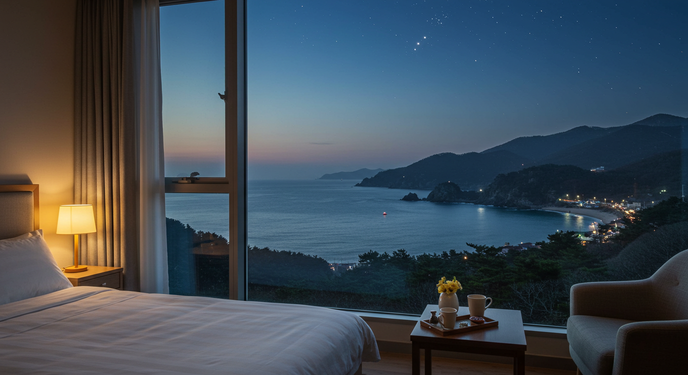 강원도 바다와 숲이 보이는 편안한 숙소의 밤 풍경