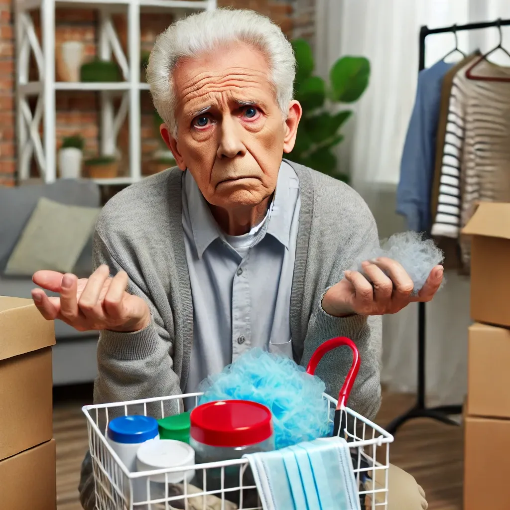 집안 물건을 정리하는 데 혼란스러워하는 노인