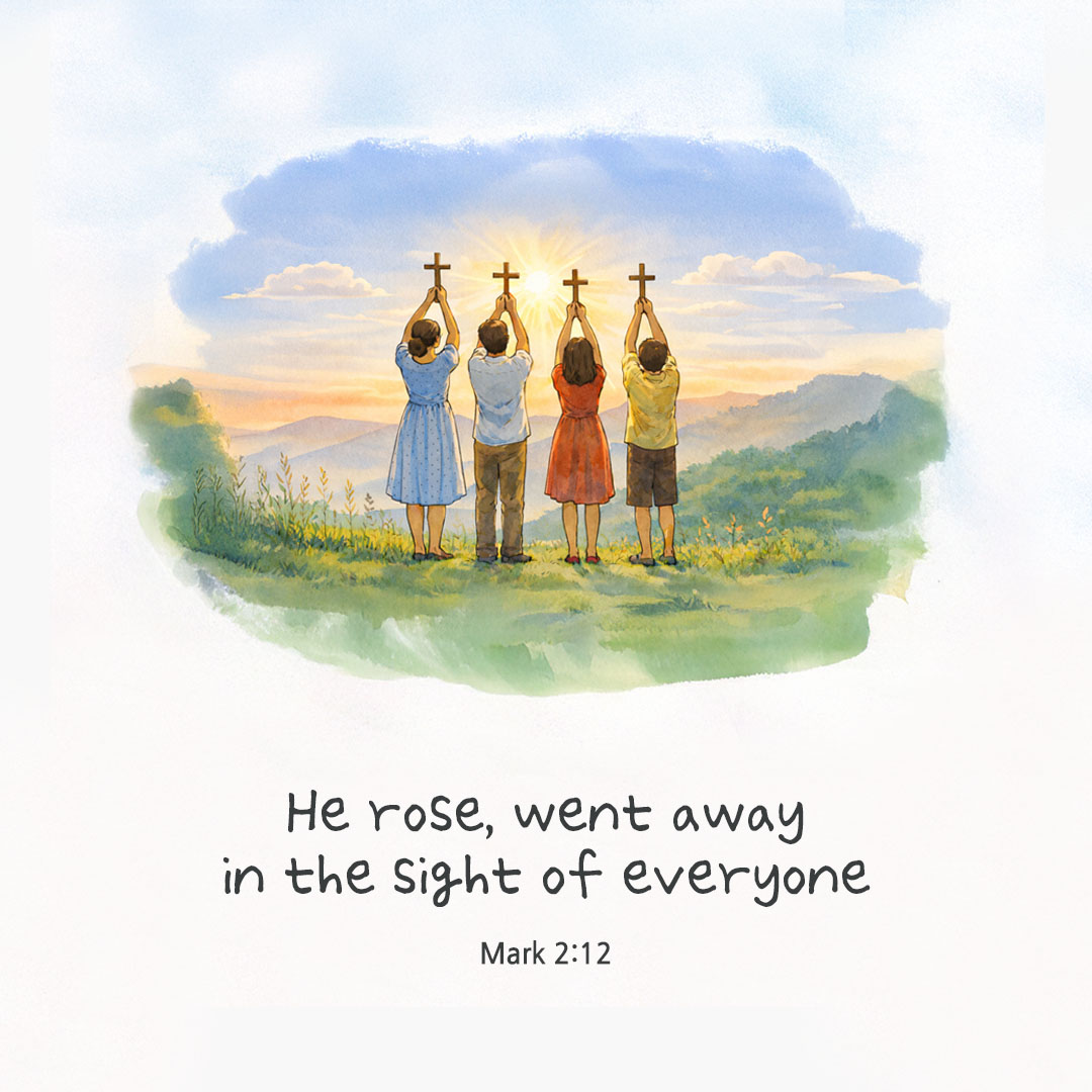 He rose, went away in the sight of everyone. (Mark 2:12) pieonane Daily Bible quote image