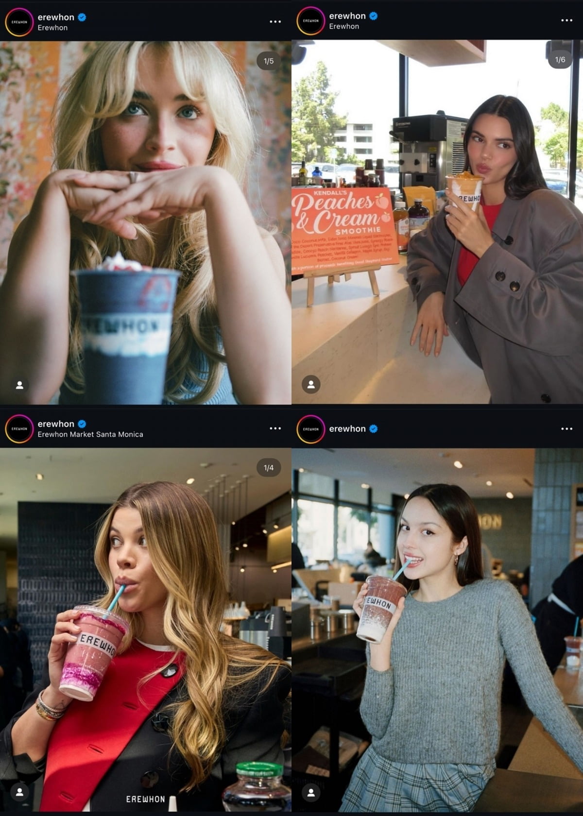 에레혼 스무디 협업 스타들. 사진은 시계 방향으로 사브리나 카펜터, 켄달 제너, 올리비아 로드리고, 소피아 리치.