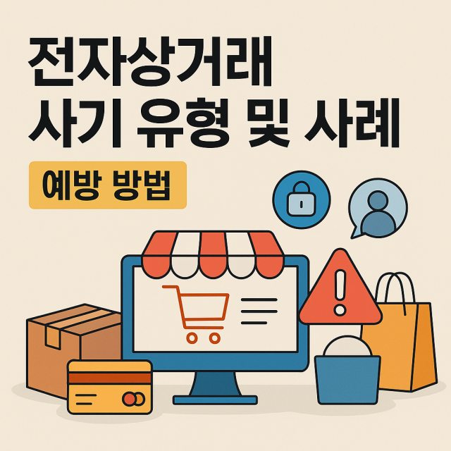 전자상거래 사기 유형 및 실제 사례, 예방 방법을 설명하는 대표 이미지로, 온라인 쇼핑 화면과 경고 아이콘이 함께 배치된 디자인