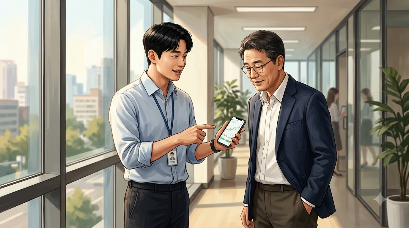 회사 복도 창가에서 휴대폰 속 주식 앱을 보여주며 이야기하는 젊은 후배와 50대 직장인