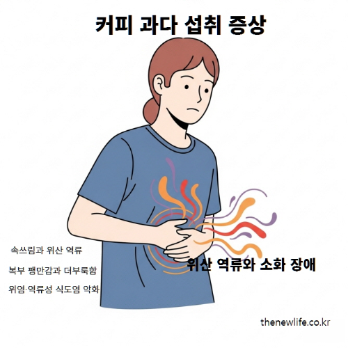 커피 과다 섭취로 속쓰림과 위산 역류로 복부 불편을 느끼는 사람의 일러스트