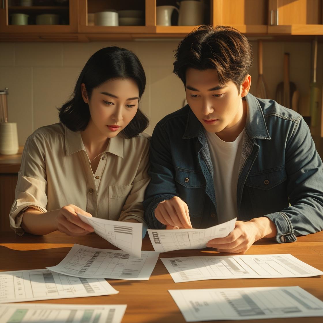 이사 비용을 계산하는 한국인 부부 모습