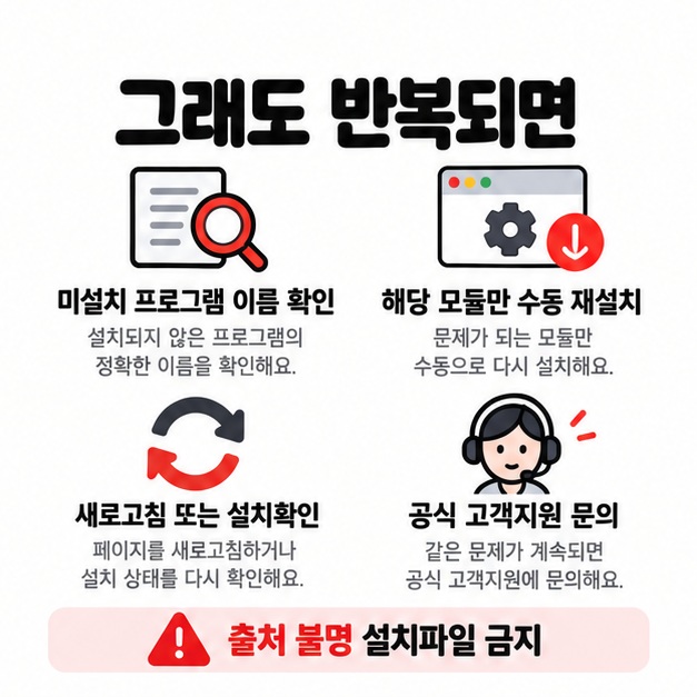 특정 프로그램 미설치 확인, 수동 재설치, 새로고침, 공식 고객지원 문의를 체크리스트로 보여주는 카드