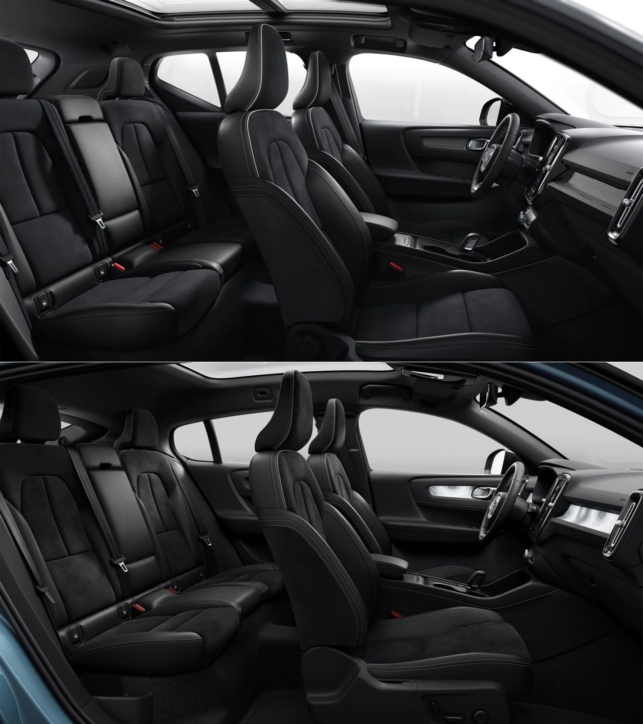 XC40 리차지(위)와 C40 리차지(아래)의 실내 옆모습입니다.