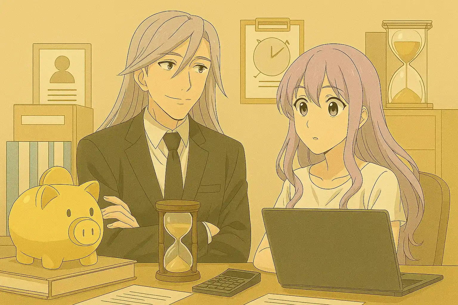 재테크 상담과 개인 재무 계획을 주제로 한 금융 전문가와 고객의 상담 장면, 절약과 투자 전략 블로그 콘텐츠 이미지