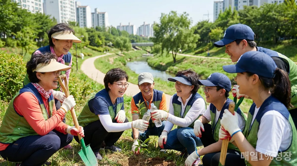 한국의 한 공원에서 함께 나무를 심거나 청소하는 다양한 연령대의 자원봉사자들