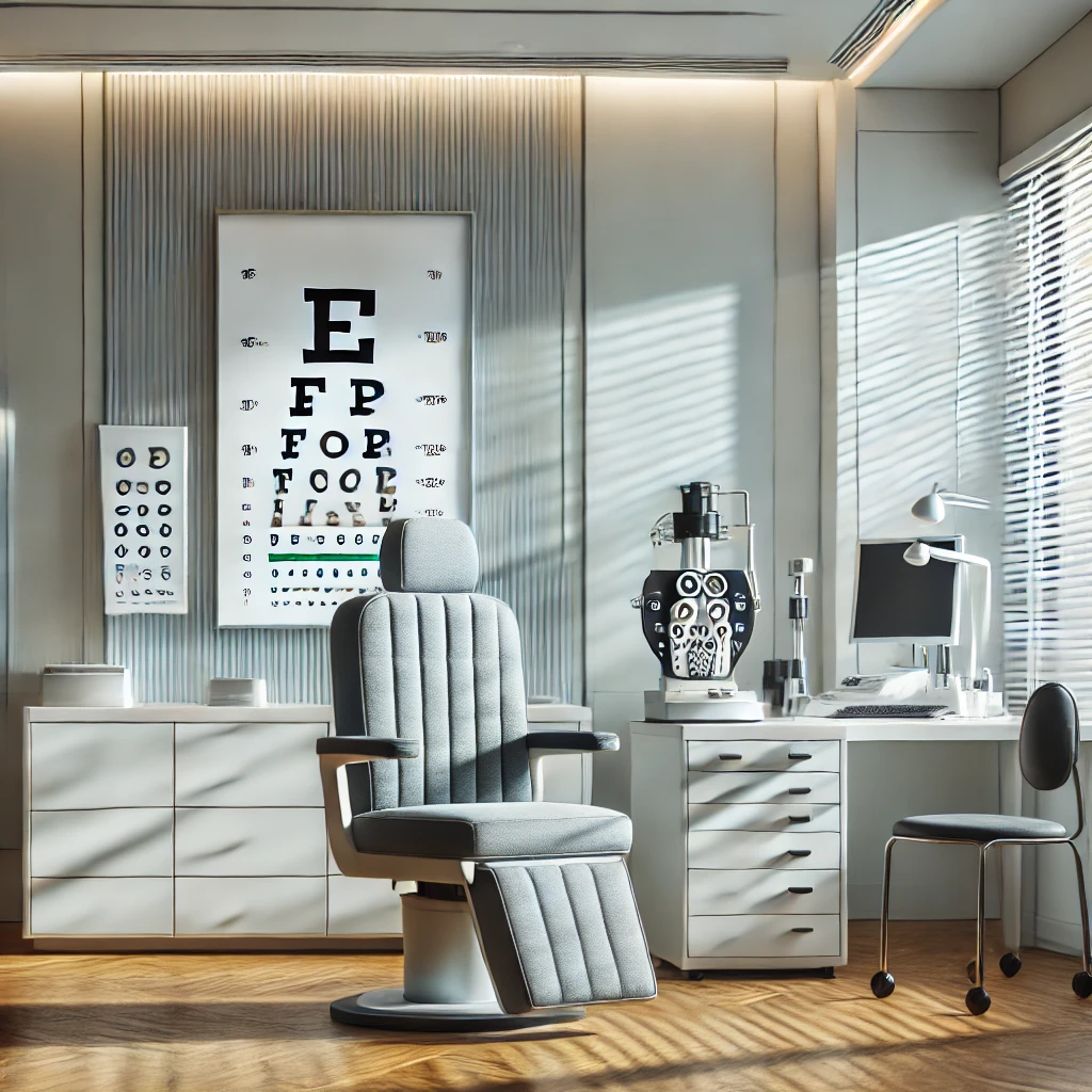 DALL·E 2025-03-17 14.30.27 - A modern ophthalmology clinic with a professional eye examination room. The room contains an eye chart, diagnostic equipment, and a comfortable chair .webp