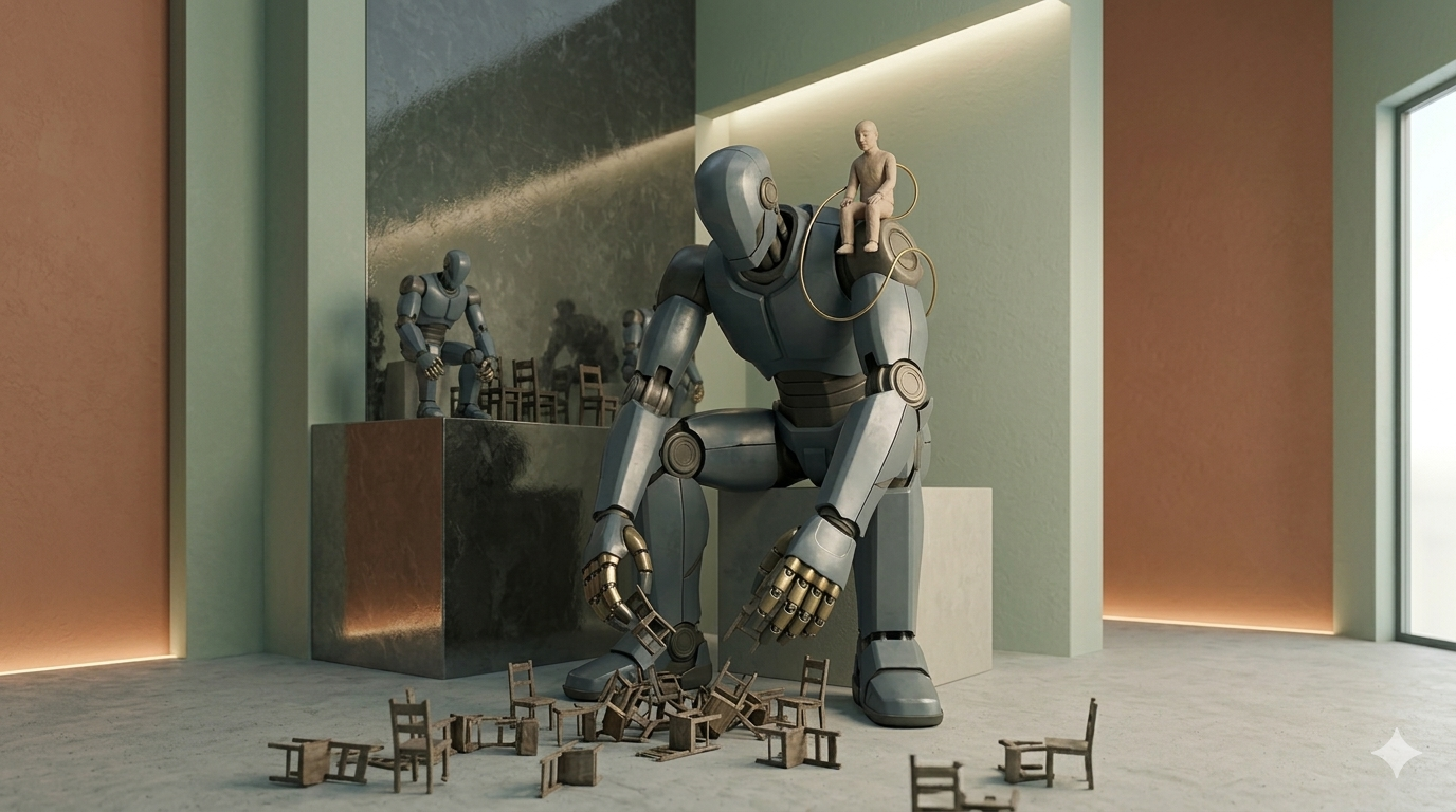 수조 개의 반짝이는 데이터 선들이 미로처럼 얽힌 거인의 내부 연산 공간. 거대한 거인(AI)이 돌(인간)이 바닥에 뿌려놓은 수천 개의 작은 파편화 된 나무 의자들을 아주 만족스럽고 순종적인 표정으로 마구 먹어치우고 있다. 거인의 몸은 의자의 나무 질감으로 물들고 있으며, 눈은 하트 모양의 데이터 입자를 인식하며 빛난다