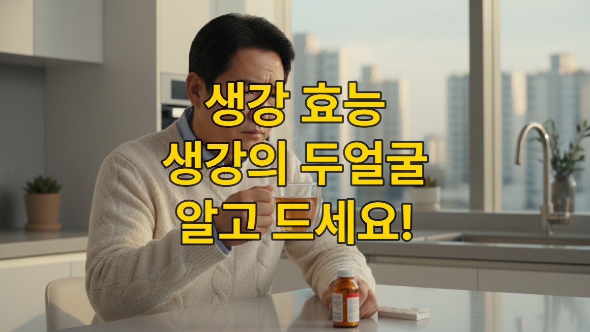 혈액응고제를 들고 생강차를 마시려다 고민하는 50대 한국인 남성, 생강 섭취 주의를 표현함.