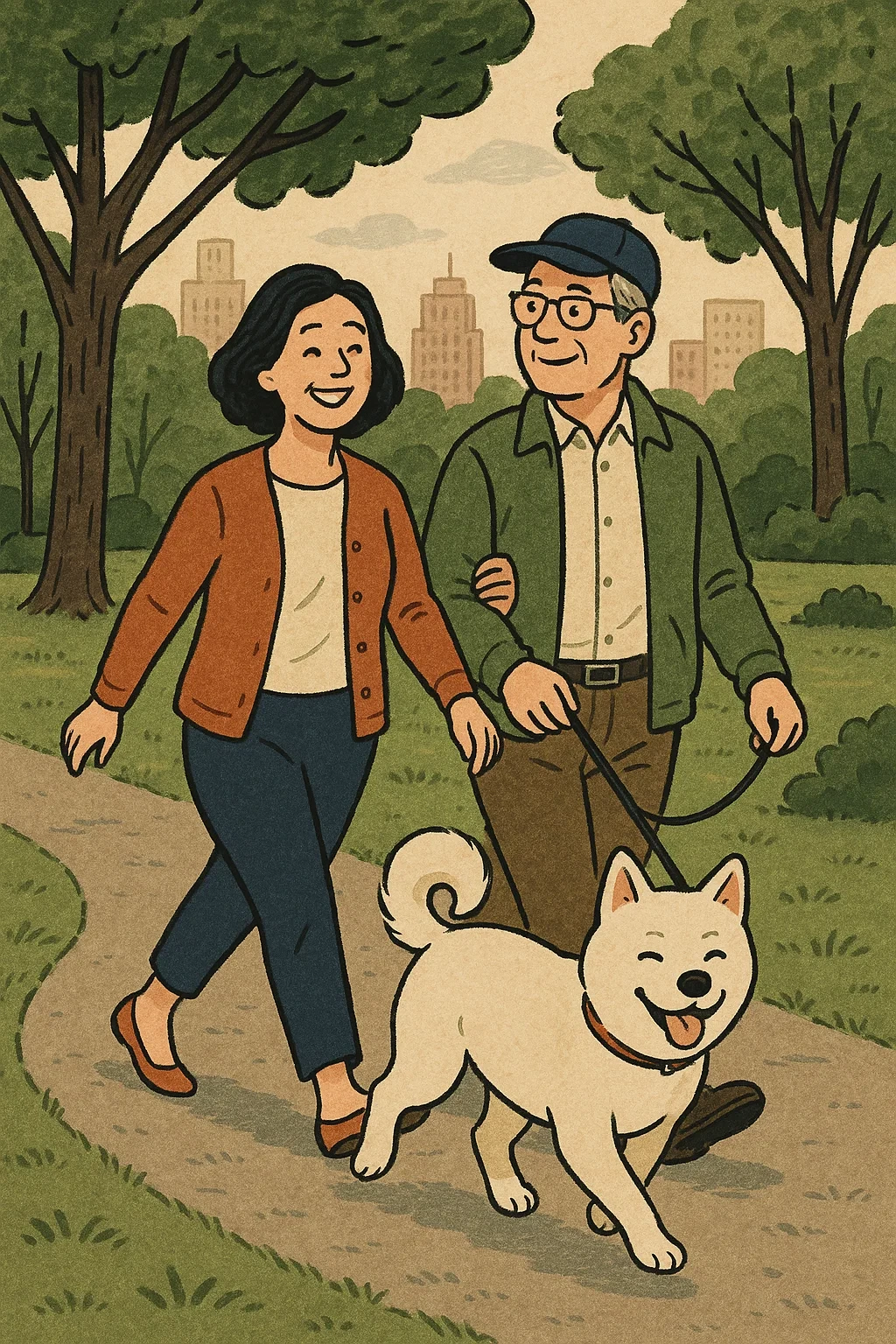 공원에서 진돗개와 함께 걷고 있는 50대 부부