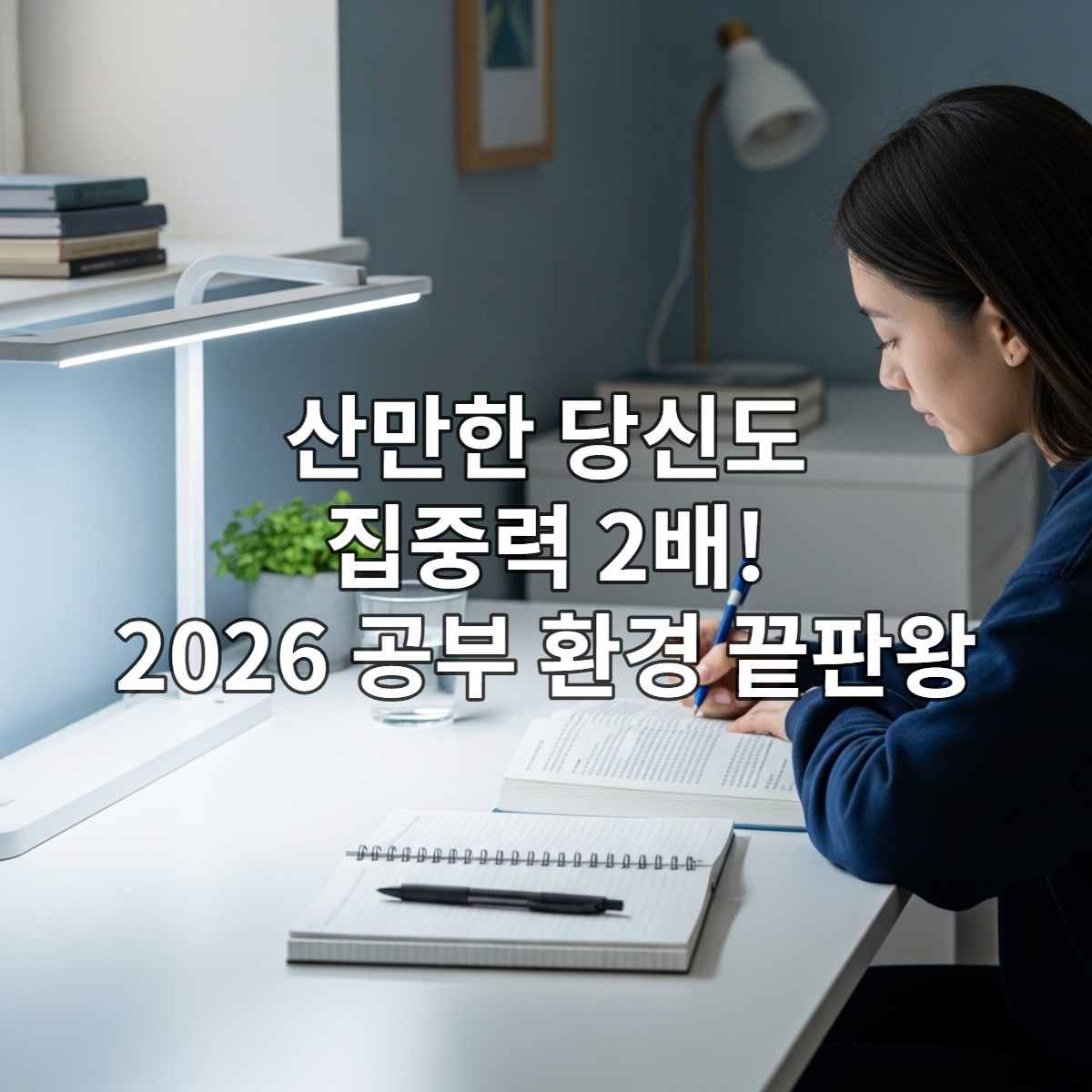 깔끔하게 정돈된 책상에서 한 학생이 집중하여 공부하는 모습. 책상 위에는 교재와 필기구만 놓여 있고, 밝은 스탠드 조명이 책을 비추고 있어 학습 몰입에 최적화된 공부 환경을 보여줍니다. 2026년 집중력 향상.