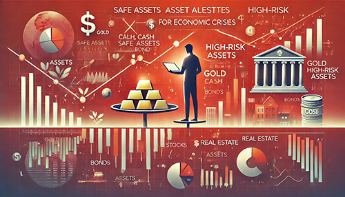 경제 위기 속 자산 배분 전략을 표현한 일러스트. 안전자산(금, 현금, 채권)과 고위험자산(주식, 부동산, 가상자산)의 균형을 분석하는 모습