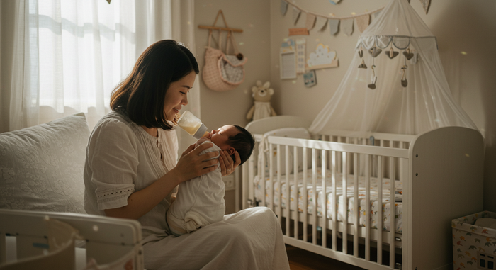 엄마가 분유를 먹이고 있는 장면