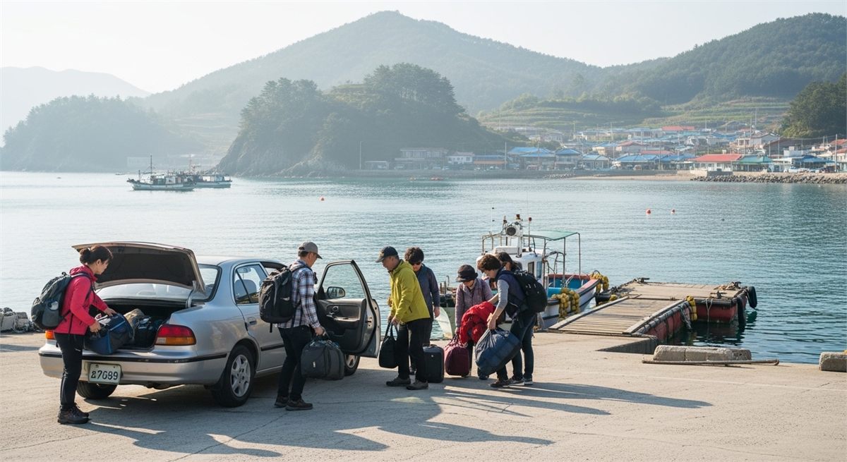 선착장 근처에서 짐을 내리는 여행 출발 장면 