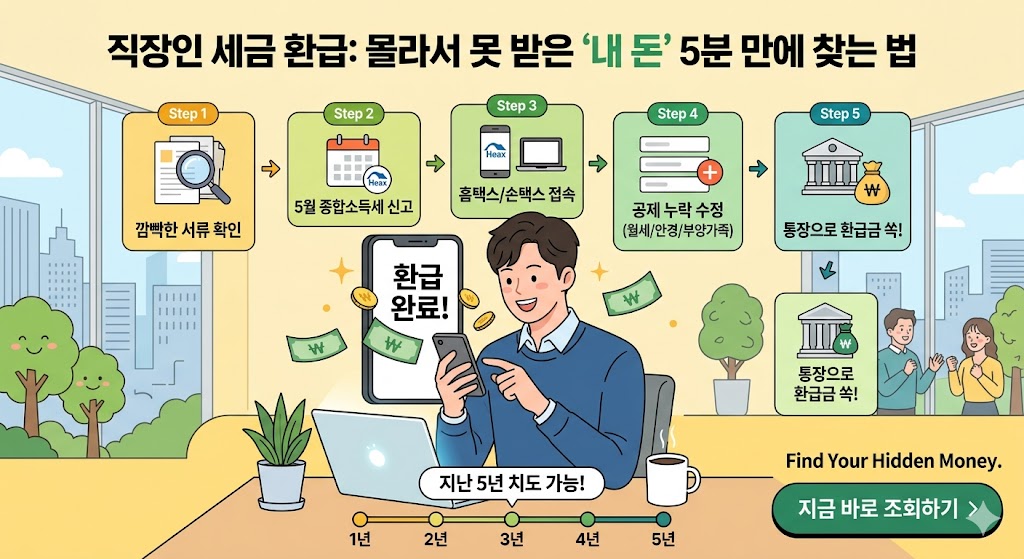직장인 세금 환급 방법 및 홈택스 경정청구 5단계 절차 안내 인포그래픽