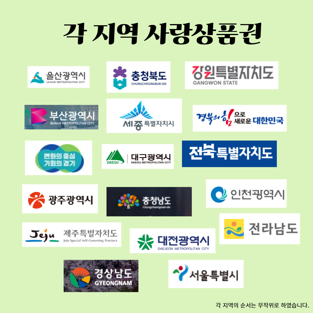 각 지역 사랑상품권 이라고 써있고 각 지역 로로가 그려진 그림