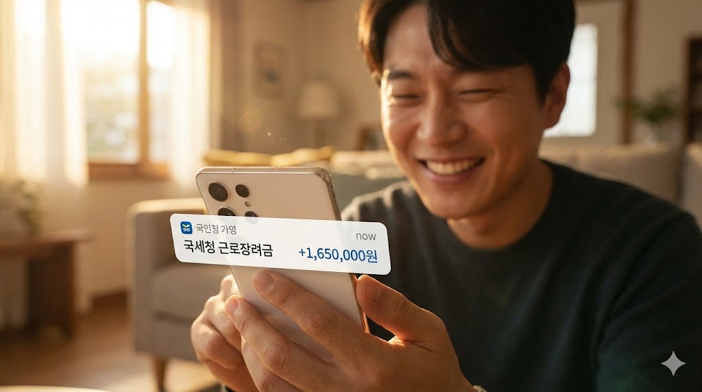 스마트폰으로 근로장려금 입금 내역을 확인하고 기뻐하는 모습