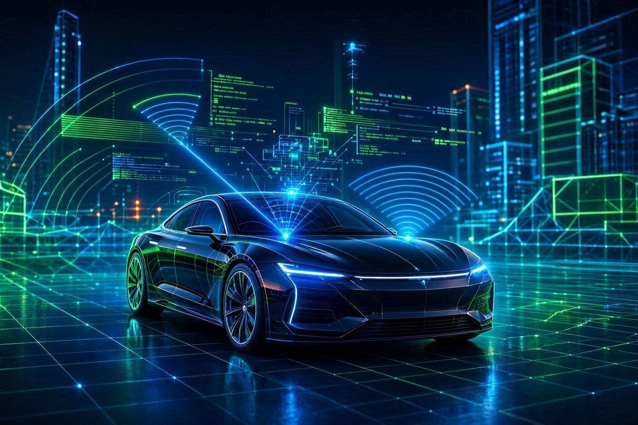 Abstract 3D visualization of a sleek autonomous vehicle scanning a futuristic neon-lit city with glowing LiDAR lasers and mapping data streams.