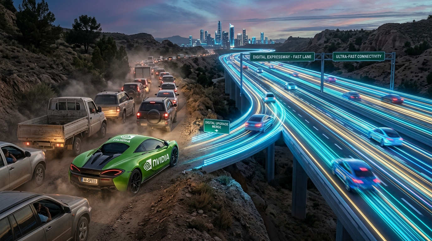 슈퍼카(엔비디아)가 막힌 1차선 도로에 갇혀 있고 옆에 시원하게 뚫린 '광통신 8차선 도로'로 차들이 옮겨가는 모습