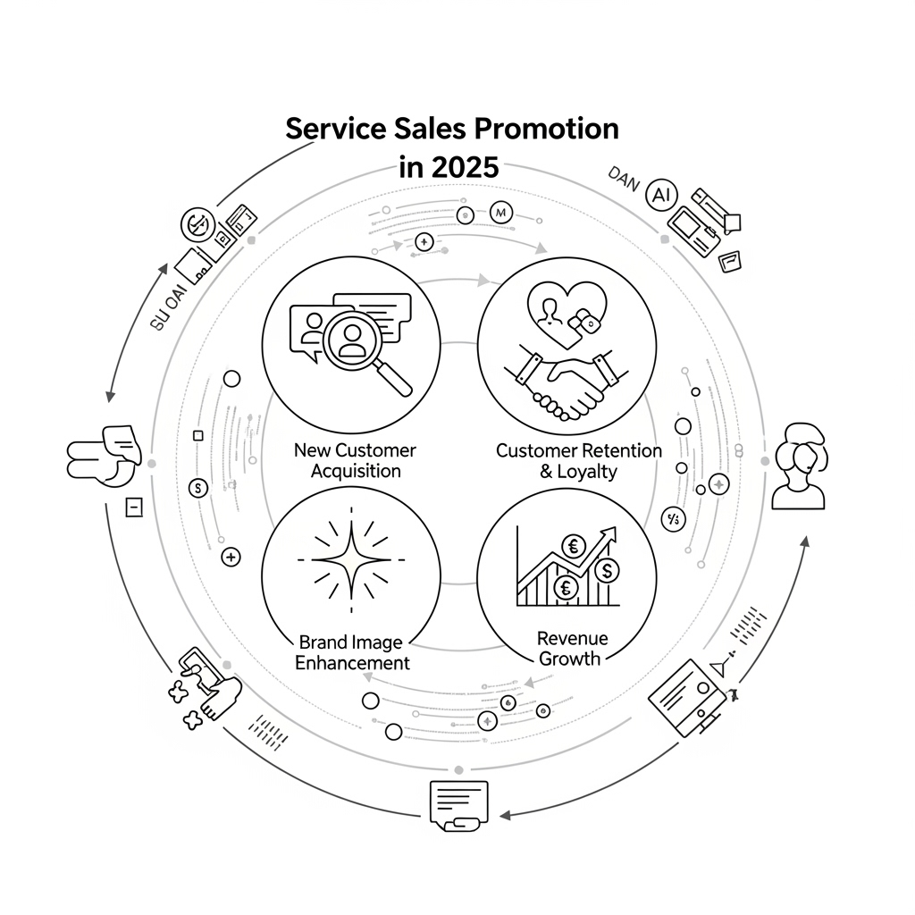 2025년 서비스 판매 촉진의 다각적인 목표를 보여주는 인포그래픽입니다