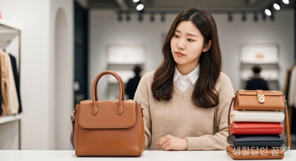 고품질 가방과 패스트패션 가방을 비교하는 젊은 여성