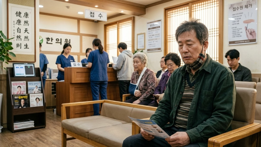 걱정스러운 마음으로 구로한의원에서 진료를 대기하고 있는 환자 모습