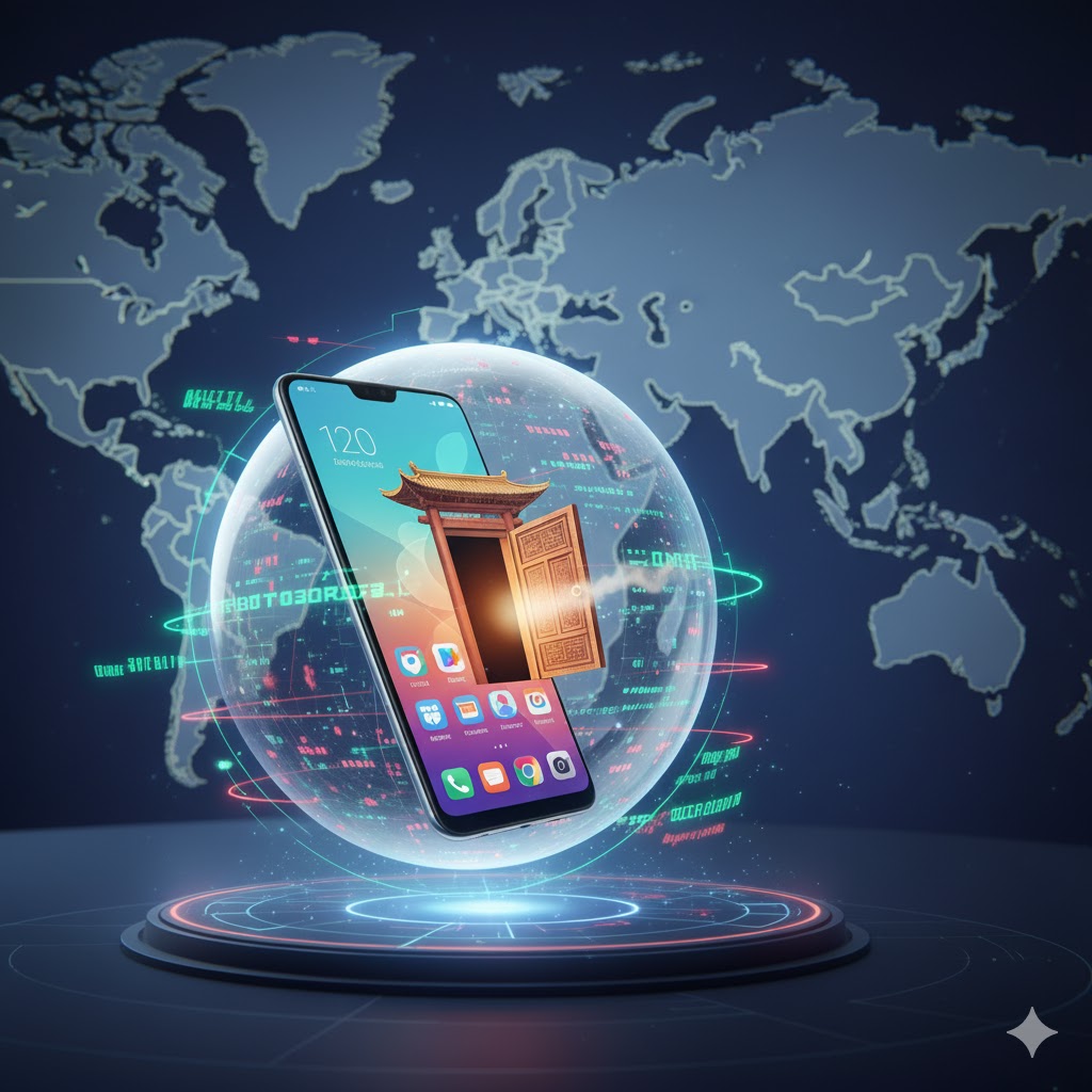 지도를 배경으로 원형의 빛나는 보호막 안에 스마트폰이 떠 있어요. 스마트폰 화면에는 열린 문이 보이고, 주변에는 데이터 흐름을 상징하는 추상적인 그래픽 요소들이 빛나고 있어요.