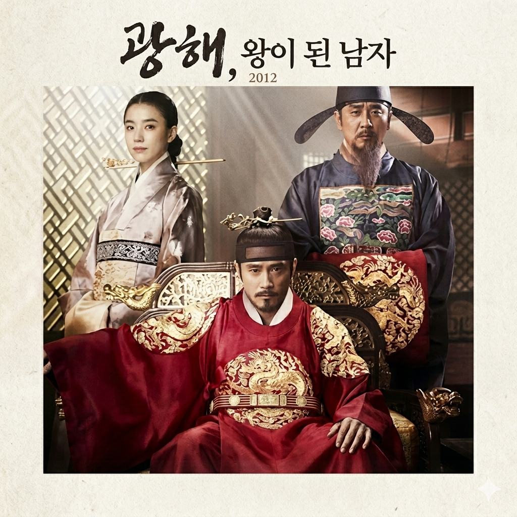 대체 텍스트 (Alt Text):
영화 '광해, 왕이 된 남자' 포스터 이미지. 상단에 한글 제목과 개봉 연도 '2012'가 적혀 있다. 중앙에는 곤룡포를 입은 왕(이병헌 분)이 근엄한 표정으로 용상에 앉아 있고, 그 뒤로 좌측에 중전(한효주 분), 우측에 도승지 허균(류승룡 분)이 서 있다. 왕실을 배경으로 한 고전적인 분위기의 포스터이다.