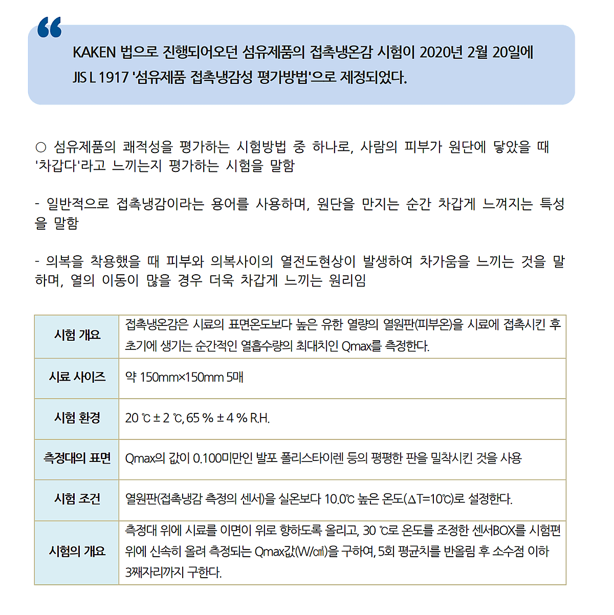 섬유제품 접촉냉감성 평가방법 출처 KOTITI