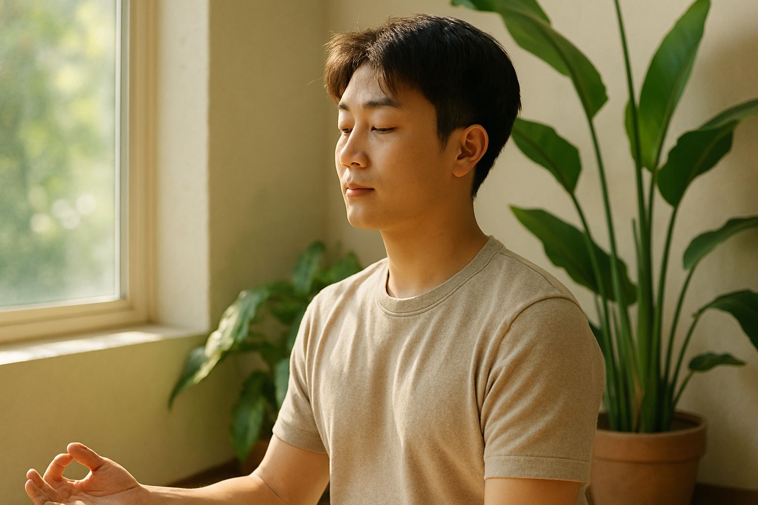 명상하는 청년으 모습&amp;#44; 햇살 가득한 실내