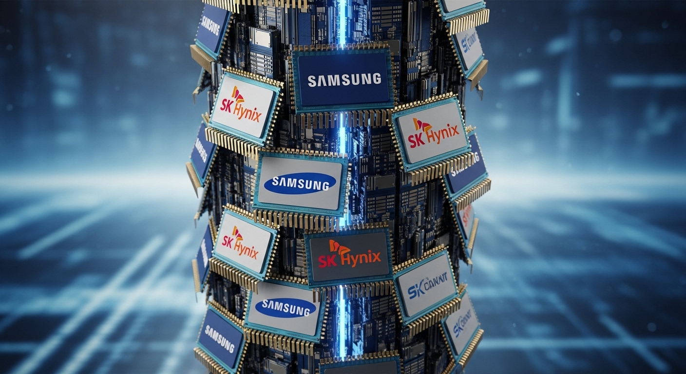 3D graphic of semiconductor chips with Samsung Electronics and SK Hynix logos stacked to form a giant tower.
