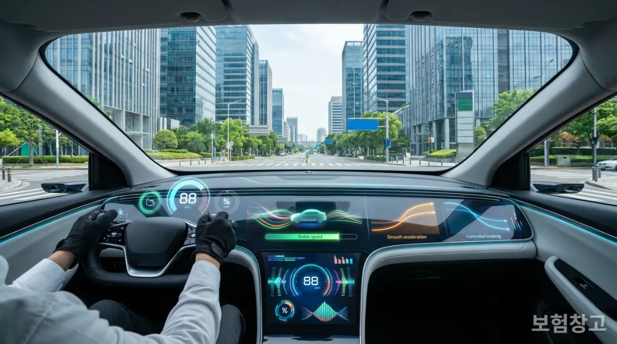 2026년 자동차보험료 산정의 핵심이 될 운전 습관 데이터를 보여주는 차량 대시보드