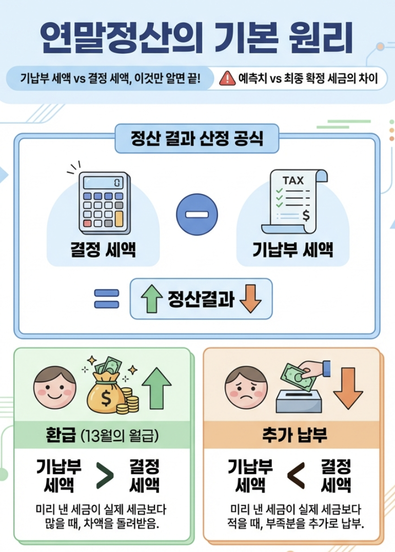 연말정산_기본원리_기납부세액_결정세액_환급_추가납부_요약인포그래픽