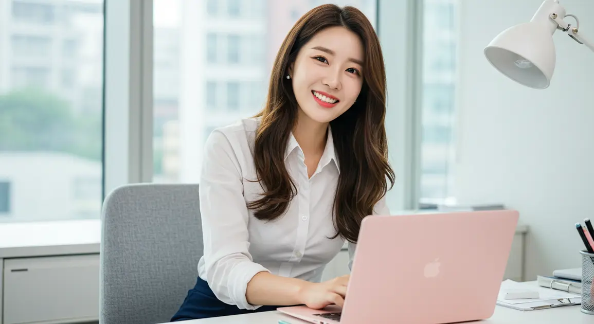 여성이 회사에서 내일채움 공제를 노트북으로 확인하고 있다